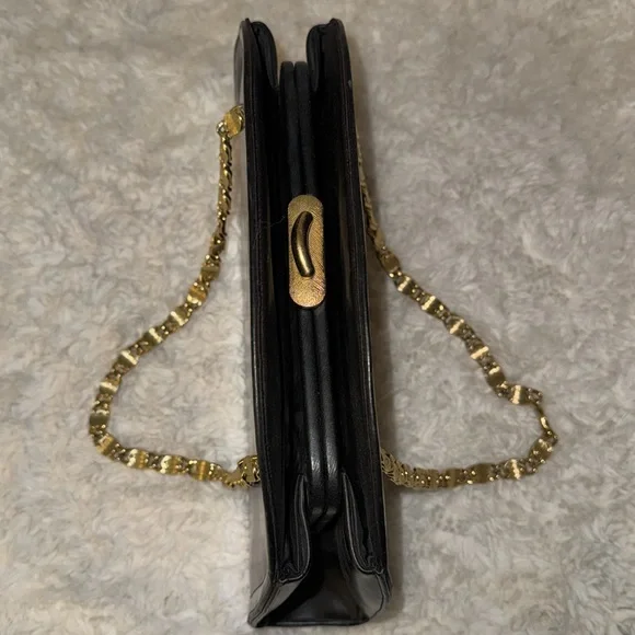 Vintage black leather Crown Lewis purse bag w/ gold chain - Picture 6 of 11